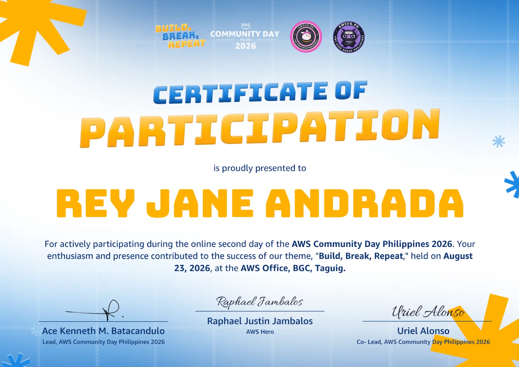 AWS Community Day Philippines 2026 certificate